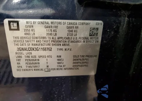 2016 Chevrolet Equinox Lt from USA, damaged, VIN 2GNALCEK3G1168762